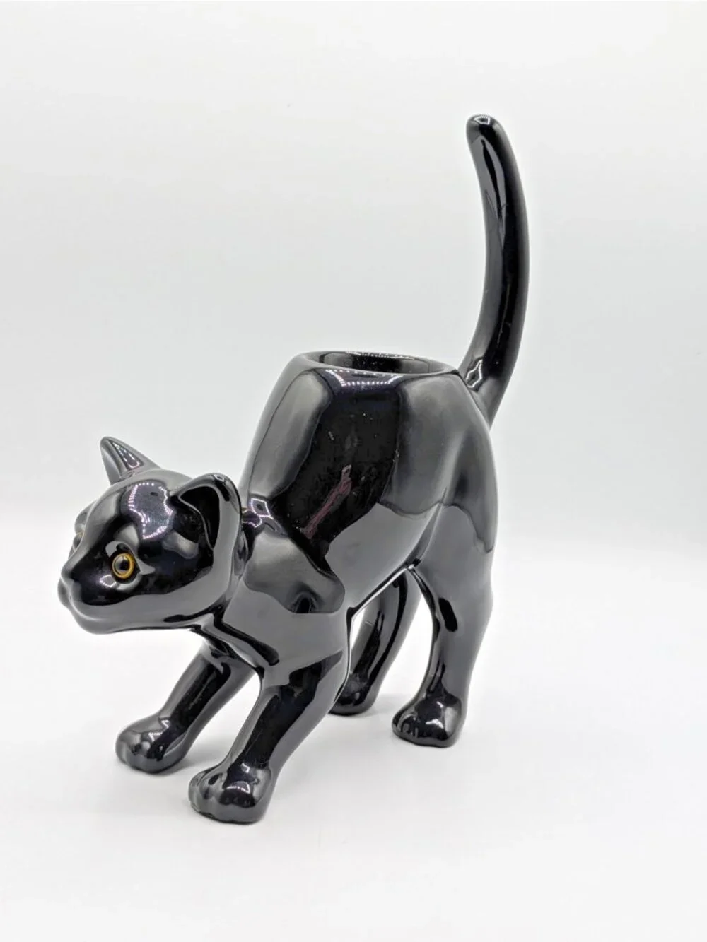 PartyLite Black Cat Halloween Tea Light Candle Holder Yellow Eyes Ceramic 8